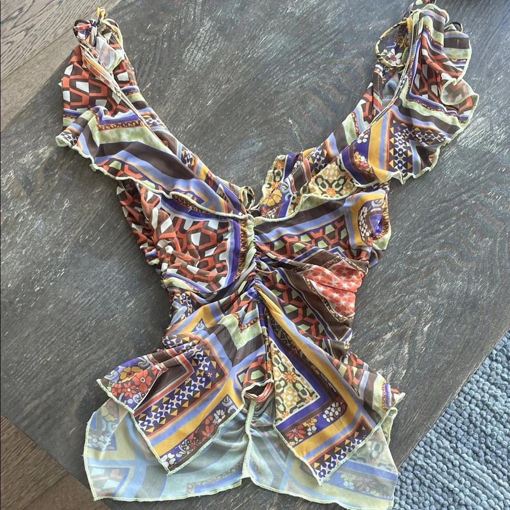 Colorful Patterned Ruffle Sheer Blouse - Picture 3 of 3